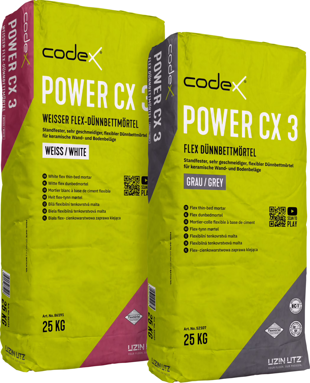 Two 25 kg bags of codex POWER CX 3 flexible thin-bed mortar pictured side by side. One bag is labeled WEISS / WHITE with a magenta corner panel, the other GRAU / GREY with a grey corner panel. Both bags have bright yellow main packaging, prominent white "POWER CX 3" lettering, the codex logo, multilingual product descriptions, a visible QR code, certification and handling icons, and UZIN UTZ branding. The product is described as a standfest, very smooth, flexible thin-bed mortar for ceramic wall and floor coverings; article numbers (Art. No. 86191 and Art. No. 52107) and the weight marking 25 KG are clearly visible. The photograph shows printed text, packaging creases and realistic studio lighting on the bags.