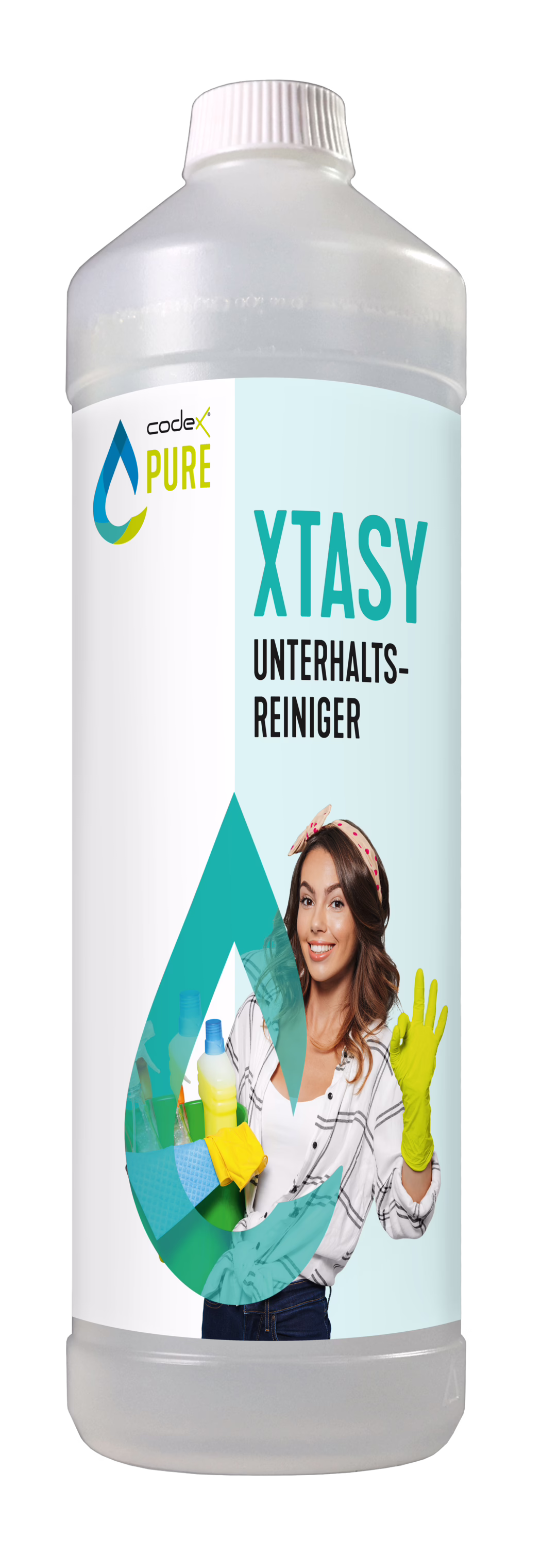 codex_Dummy_Pure Xtasy_1L_2021-06 A tall translucent plastic bottle with a white screw cap and a light blue label reading 'XTASY UNTERHALTSREINIGER'. The label shows the brand 'codex PURE' with a stylized water-drop logo and a smiling woman wearing a headband and yellow cleaning gloves, holding various household cleaning bottles and cloths. Design elements include teal and aqua color blocks and a large water-drop graphic overlaying the woman's torso; the overall look suggests a household maintenance cleaner product, fresh and approachable.