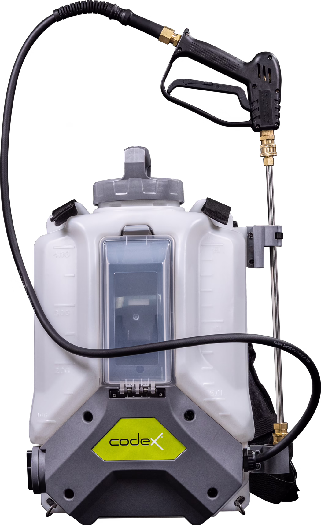 codex_Dummy_X-Spray_2023-05 A modern backpack sprayer made of durable plastic, featuring a clear front window for checking liquid levels. It is equipped with a black handle and trigger for easy operation, attached to a hose that leads to a nozzle for spraying. The design includes measurement indicators on the side for precise liquid management, and a sturdy base to ensure stability during use.