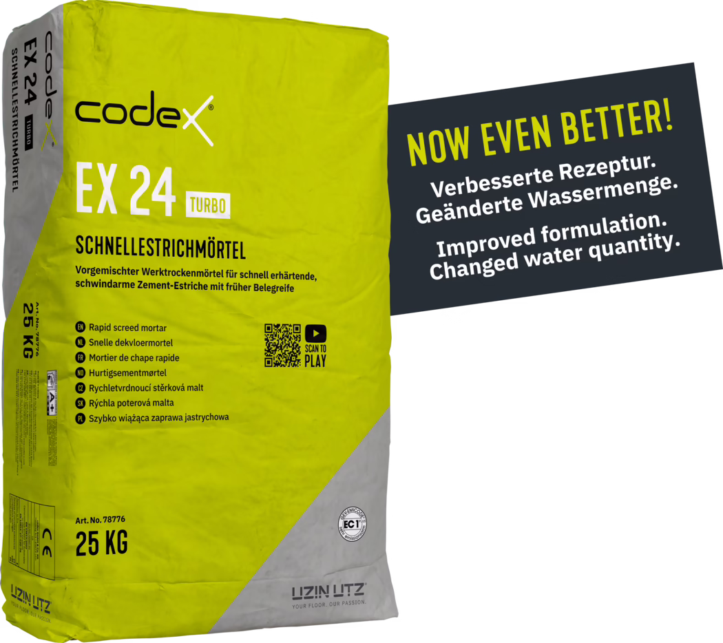 A package of codex EX 24 turbo rapid screed mortar. The top features a bright yellow design indicating the product name and weight, with instructions for improved formulation and water quantity. It includes multiple translations of 'rapid screed mortar' in different languages on the side and a QR code for additional information.