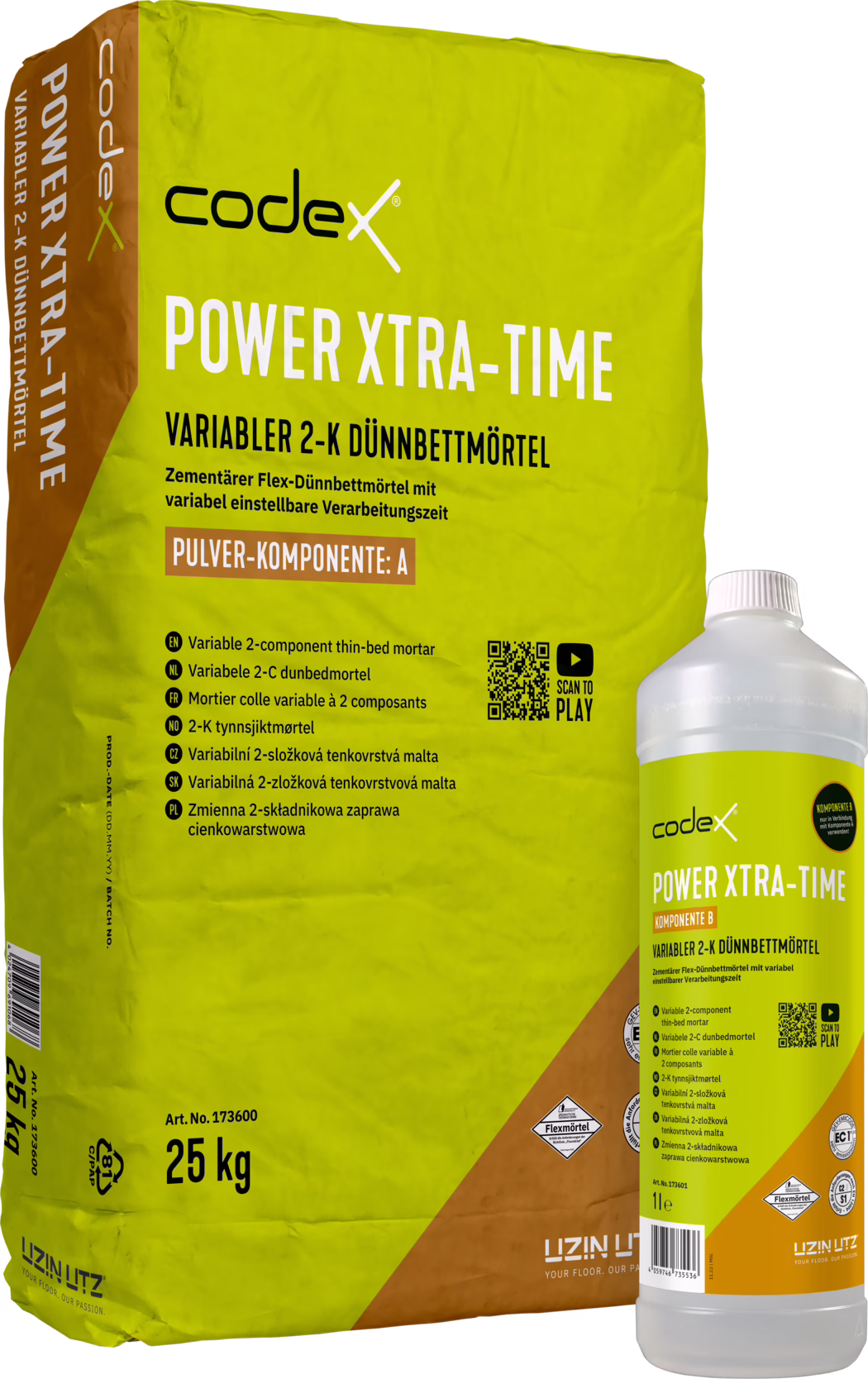 Studio photo of a Codex Power Xtra-Time two-component thin-bed mortar kit: a large yellow-green 25 kg paper sack labeled 'POWER XTRA-TIME' and 'Variabler 2-K Dünnbettmörtel' (powder component A) standing next to a white plastic 1 L bottle marked as component B. The sack shows the Codex logo, product name in large white letters, a brown panel indicating 'Pulver-Komponente: A', multilingual description lines, icons, a QR code and '25 kg' weight marking; the bottle has a matching yellow-green label, white cap and similar product information. The packaging is slightly crinkled, photographed on a white background, emphasizing product details and labeling for construction use.