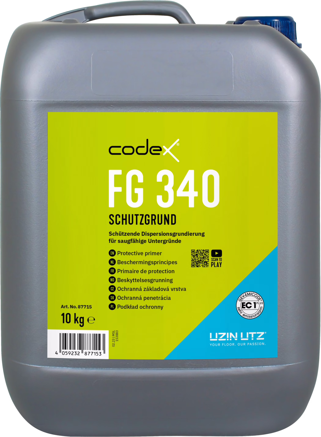 codex_Dummy_FG 340_front_2022-01 Gray plastic jerrycan with a large olive‑green label reading 'codex FG 340 Schutzgrund'. Blue screw cap at the top right, capacity marked 10 kg. The product is a protective dispersion primer; UZIN UTZ brand logo at the bottom right.