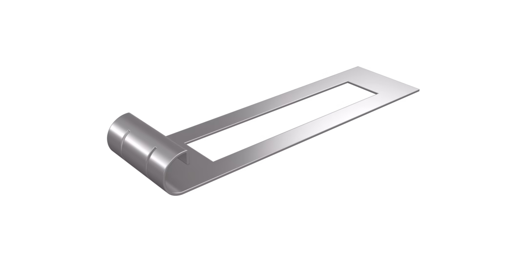 codex_Dummy_BL Gap_2023-06 The image features a sleek, modern metallic object with a flat rectangular shape and a rounded, curved end. The surface has a polished finish, reflecting light in a way that emphasizes its smoothness and contemporary design. The straight part of the object appears elongated, leading to a cut-out rectangular section that suggests functionality, possibly for handling or positioning. The overall aesthetic is minimalistic, appealing to designs that favor simplicity and elegance.