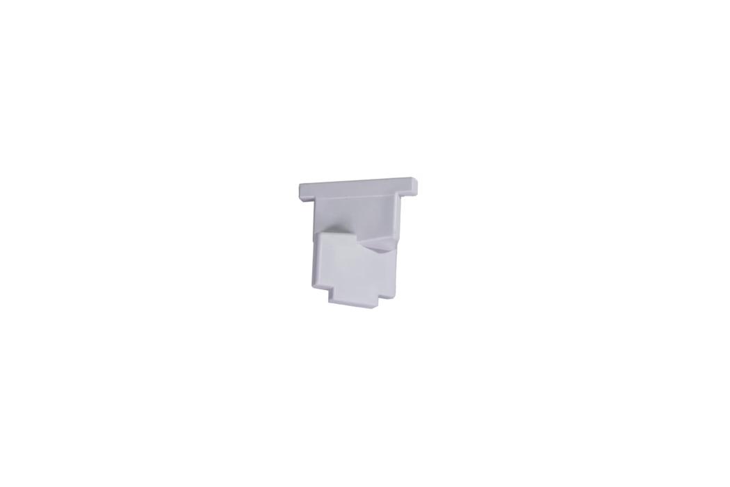 codex_Dummy_BL Fix_2024-04 A 3D render of a gray plastic connector piece designed for construction or mechanical assembly, featuring a unique shape with notches and a protrusion on one side, suitable for various applications in DIY projects or industrial use.