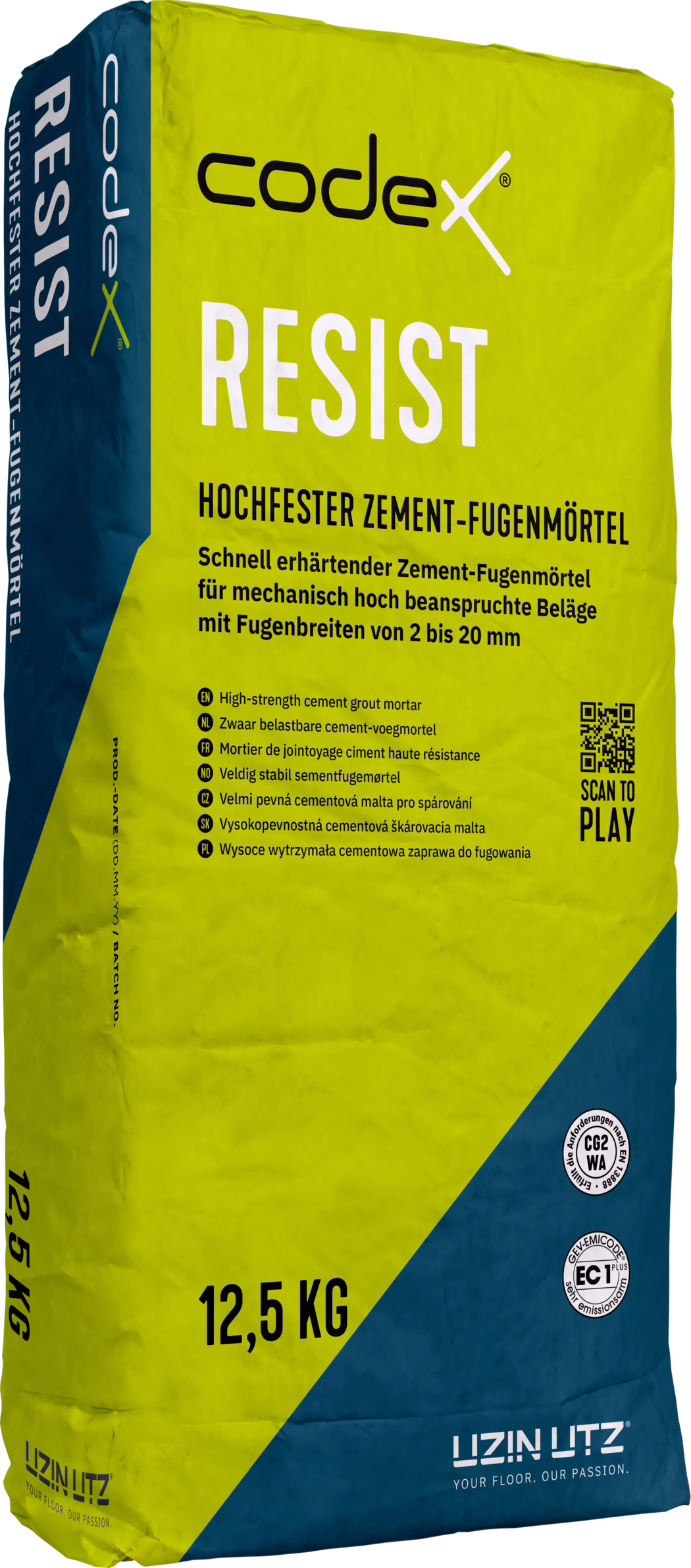 codex_Dummy_Resist_right_2022-01 Photograph of a 12.5 kg bag of 'codex RESIST' high-strength cement grout mortar. The bag is predominantly yellow-green with a dark blue diagonal corner and features large white 'RESIST' lettering and the brand name 'codex' at the top. Product text states it is a fast-setting cement joint mortar for mechanically highly stressed coverings with joint widths from 2 to 20 mm. The packaging shows multilingual product descriptions, a QR code with 'SCAN TO PLAY', conformity marks (CG2 WA, EC1) and the manufacturer logo 'UZIN|UTZ' at the bottom. The bag surface is slightly crumpled and the image is shown on a white background.