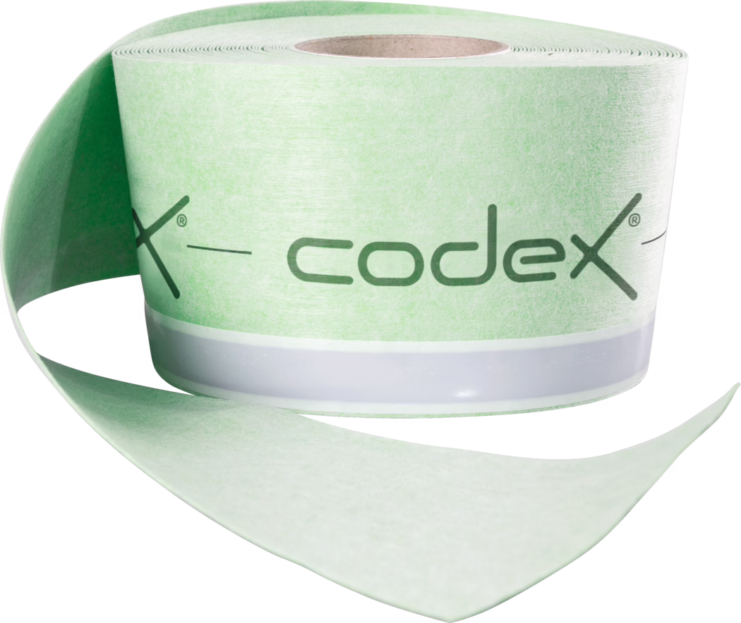 codex_Dummy_BST 20_2018-12 Close-up of a pale green roll of adhesive seam tape with the printed brand name 'codex', showing the cardboard core and an unrolled strip against a white background.