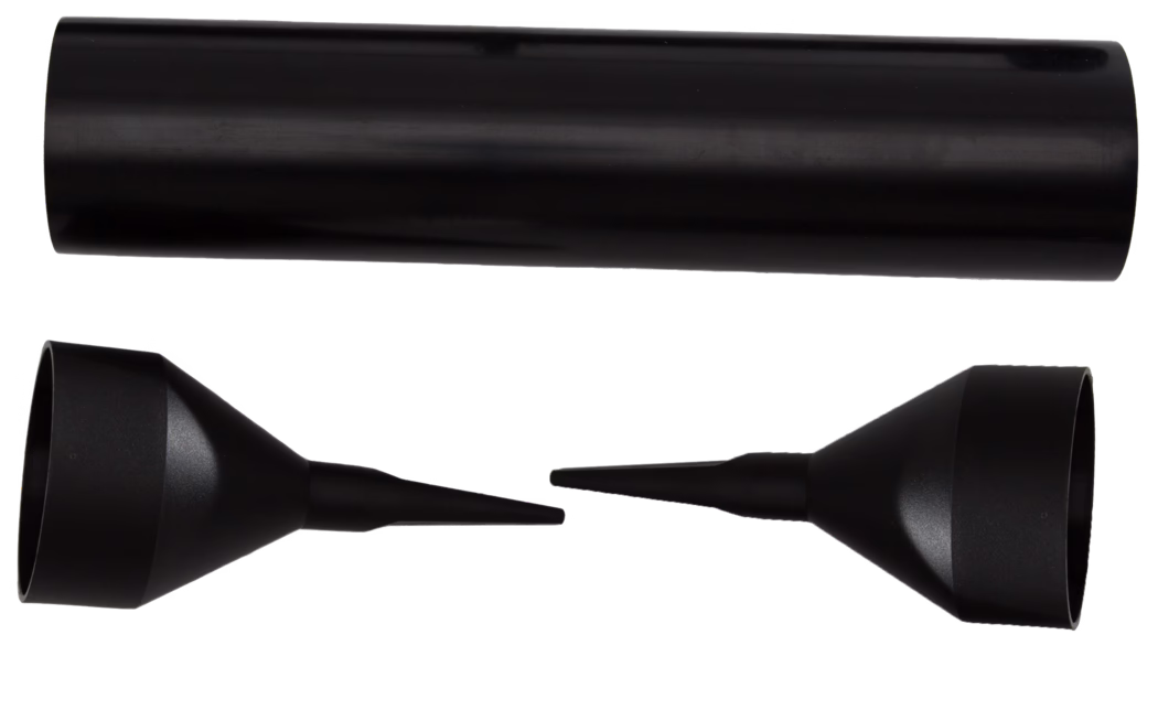 codex_Dummy_Professional spray gun spare set_composing_2019-11 Black plastic vacuum cleaner accessories: a long cylindrical extension tube and two tapered nozzle attachments shown on a white background. The pieces have a smooth matte finish and appear to be a matching set for directing airflow into narrow spaces. No visible branding or markings.