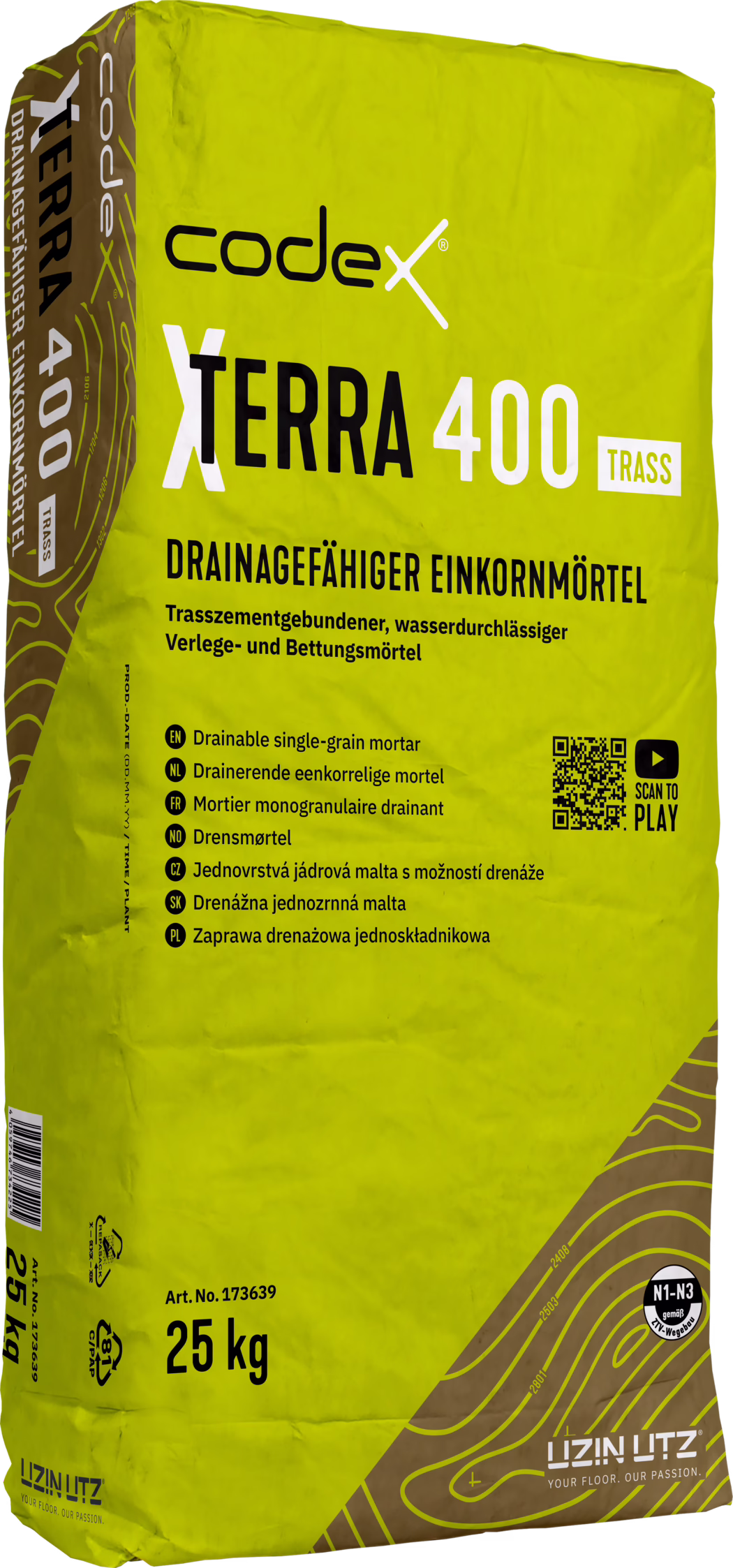 Yellow-green 25 kg bag of codex X TERRA 400 TRASS drainable single-grain mortar. Front shows the codex logo, prominent product name 'X TERRA 400' with a 'TRASS' badge, German headline 'DRAINAGEFÄHIGER EINKORNMÖRTEL', short multilingual descriptions, a QR code with 'SCAN TO PLAY' icon, article number and weight '25 kg', and brown contour-style graphics and branding at the bottom. Product for water-permeable laying and bedding mortar.