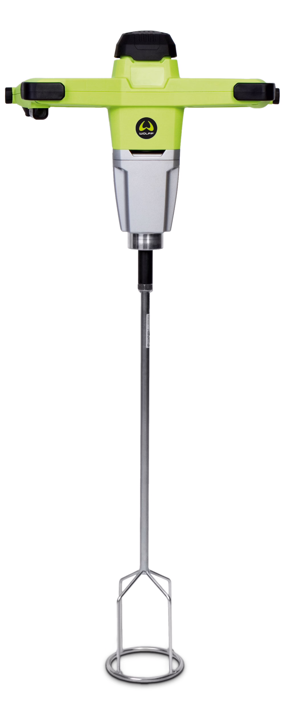 Handheld electric mixer with a T-shaped lime-green handle, black rubber grips and visible 'WOLFF' logo; silver motor housing, long metal shaft and circular cage mixing paddle suitable for mixing mortar, paint or plaster.