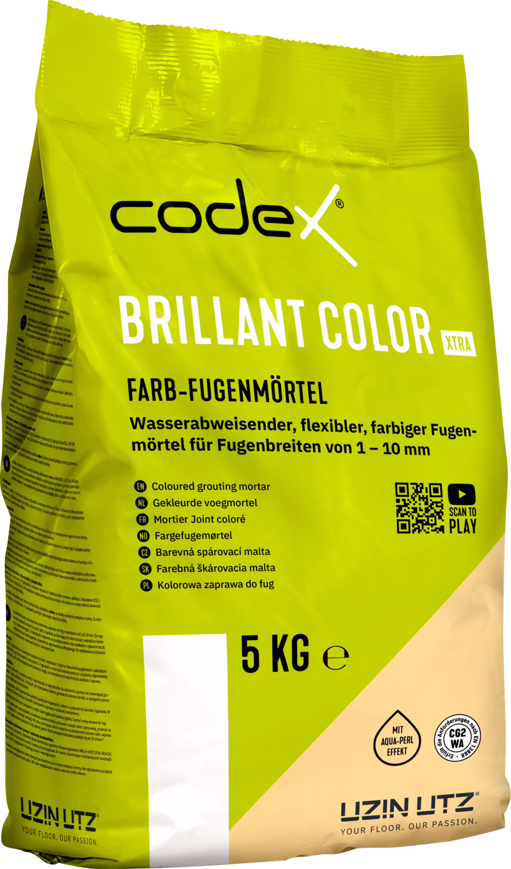 A photo of a 5 kg bag of Codex Brillant Color coloured grouting mortar in a bright yellow-green plastic bag. The front shows the 'codex' logo at the top, the product name 'BRILLANT COLOR' in large white letters, and the German label 'FARB-FUGENMÖRTEL'. Additional text states the mortar is water-repellent, flexible and suitable for joint widths of 1-10 mm. On the right there is a QR code with a 'Scan to play' icon and small pictograms indicating an Aqua-Perl effect and quality classification. The lower area features a pale peach triangular section and the weight marking '5 KG'. Fine print and multilingual bullet points appear on the front; the bag has creases and is photographed on a white background.