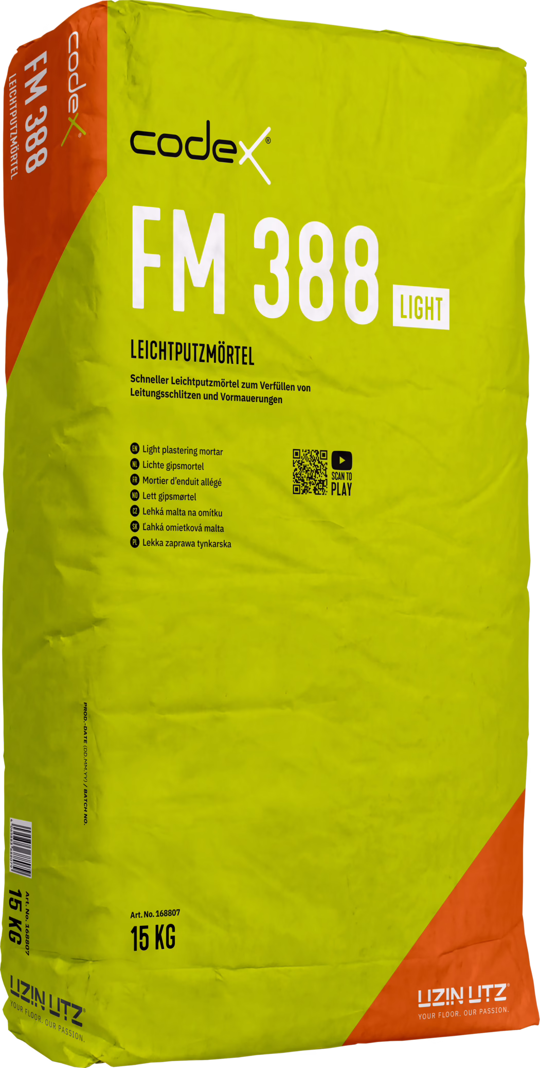 codex_Dummy_FM 388 light_right_2023-02 High-resolution product photograph of a 15 kg bag of Codex FM 388 LIGHT lightweight plastering mortar. The rectangular paper sack is bright yellow with an orange triangular accent at the lower corner and a black 'codex' logo near the top. Prominent white lettering 'FM 388' and a small 'LIGHT' label dominate the front; below is the German product name 'LEICHTPUTZMÖRTEL' and a short multilingual description noting its use for filling conduit slots and pre-masonry. A QR code and pictogram are visible next to small black informational text; the weight '15 KG' and article number are printed near the bottom. The bag shows realistic creases, folds and slight tilting, photographed on a clean white background for catalog or e-commerce use.