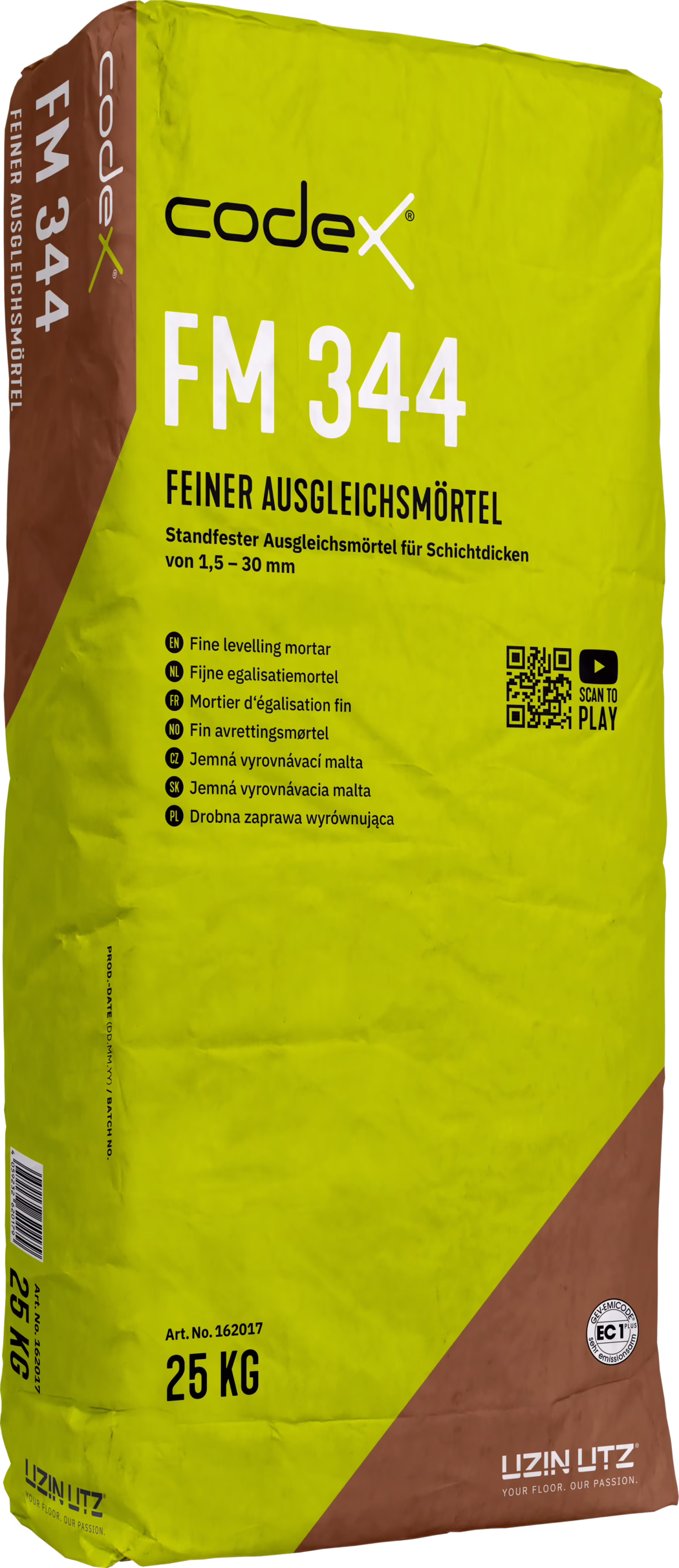 codex_Dummy_FM 344_right_2022-01 Bag of Codex FM 344 fine levelling mortar, 25 kg, yellow and brown packaging showing the product name, technical information and a QR code.