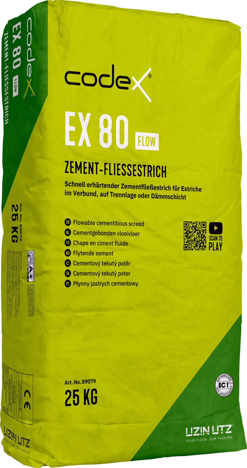 Photograph of a 25 kg bag of Codex EX 80 Flow cementitious screed. The bag has bright yellow-green packaging with a large black 'codex' logo at the top and prominent white 'EX 80' and small 'FLOW' lettering. A bold black headline reads 'ZEMENT-FLIESSESTRICH' with a German product summary below stating it is a fast‑hardening cement flow screed for bonded screeds, separation layers or insulation layers. On the lower left the weight '25 KG' and article number 'Art. No. 89079' are visible. A QR code with the label 'SCAN TO PLAY', CE marking and an EC1 emissions sticker appear on the front. The packaging shows creases and paper texture; a green vertical stripe runs along the left edge and a green triangular area on the lower right displays the UZIN|LUTZ logo and the slogan 'YOUR FLOOR. OUR PASSION.' The image focuses on the front of the bag and clearly displays branding, product name and technical markings.