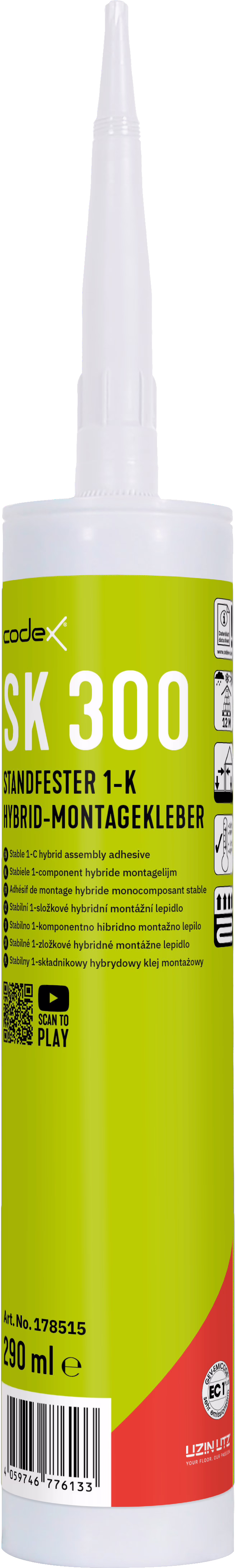 codex_Dummy_SK 300_front_2024-04 Close-up of a tall white cylindrical adhesive cartridge with a long tapered nozzle. The bright lime-green label displays 'SK 300' and 'Standfester 1-K Hybrid-Montagekleber', the brand name 'codex', usage icons, a QR code and a barcode; the volume is marked as 290 ml and a red accent is visible at the bottom. The packaging details and instruction symbols are shown clearly on a plain white background.