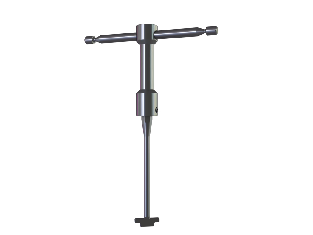 codex_Dummy_BL Key_2023-06 A metallic tool designed for precise drilling and machining tasks. The tool features a T-shaped handle for gripping, a central body that houses the mechanism for driving, and a pointed end for penetration into various materials. Its robust construction suggests durability and reliability in industrial applications.