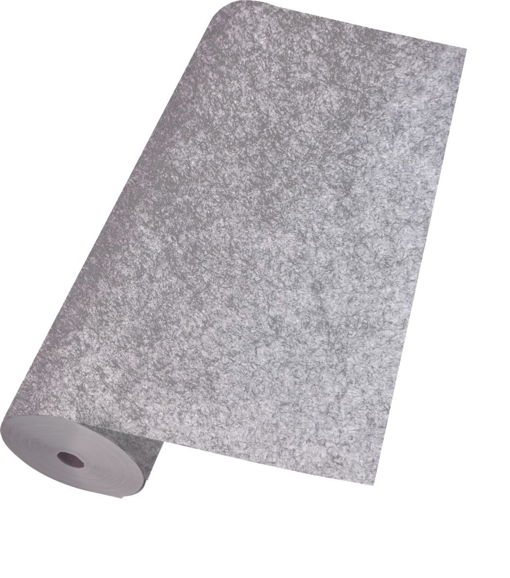 codex_Dummy_Protect W_2023-07 A partially unrolled large roll of light gray textured wallpaper or non-woven fabric with a fibrous, mottled surface, displayed on a white background. The sheet extends diagonally from the top right toward the bottom left, revealing the cylindrical core at the lower left. Subtle variations in tone and a slightly rough, fibrous pattern are visible, suggesting a metallic or silvery finish.