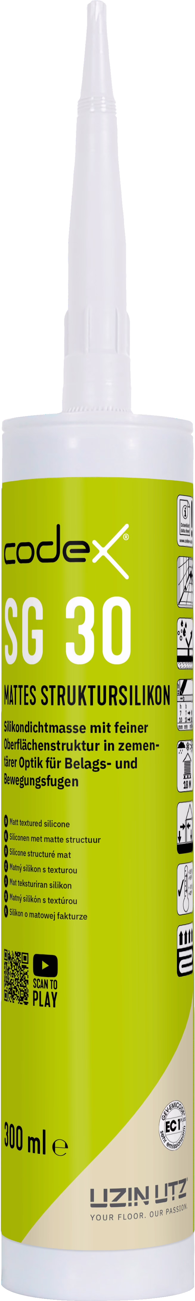 codex_Dummy_SG 30_front_2024-07 Photograph of a 300 ml cartridge of matt textured silicone sealant with a white tapered nozzle. The cylindrical cartridge features an olive-green label reading 'codex SG 30' and 'mattes struktursilikon', together with pictograms, a QR code and manufacturer information; the brand name 'LIZIN LUTZ' is visible at the base. The product is intended for filling flooring and movement joints with a cement-like surface texture; the image shows the front view on a white background.