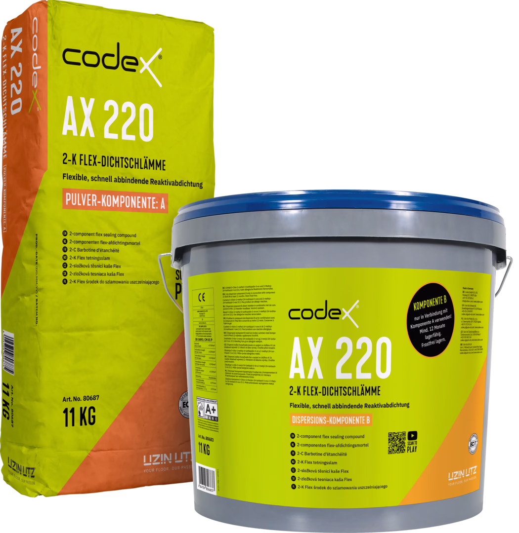 codex_Dummy_AX 220 A+B_right_2022-01 Studio photo of two packaged components of the Codex AX 220 2-component flexible sealing compound. On the left is a tall rectangular paper bag in bright yellow-green with orange accents, printed with the brand name 'codex', the product code 'AX 220' and the label 'Pulver-Komponente: A'; the bag shows product text, icons and an 11 kg weight marking. On the right is a grey plastic bucket with a blue lid and a large green-yellow label reading 'codex AX 220' and 'Dispersions-Komponente B'; the bucket label includes technical text, multilingual instructions, QR code and product icons. Both packs stand against a white background; the composition emphasizes packaging color contrast, typography and the functional pairing of powder and dispersion components for a fast-curing, flexible waterproofing/sealing system suitable for walls and floors.