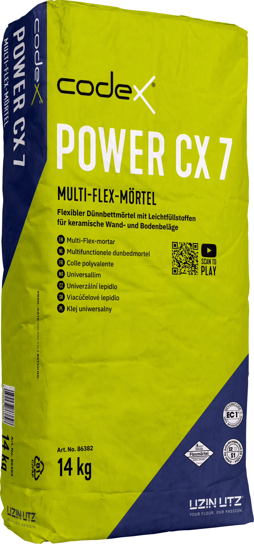 codex_Dummy_Power CX 7_right_2026-09 A large yellow-and-blue 14 kg bag of Codex POWER CX 7 multi-flex thin-bed mortar for ceramic wall and floor coverings. The front of the packaging shows the 'codex' logo and the product name POWER CX 7 in large white letters, the label 'Multi-Flex-Mörtel' and a short German product summary stating it is a flexible thin-bed mortar with lightweight fillers. The pack includes multilingual bullet points, a QR code with the prompt 'Scan to Play', certification and emission symbols, article number 86382 and the weight '14 kg' near the bottom. The bag has a blue side panel and a diagonal blue corner, visible creases and folds from handling, and the UZIN UTZ brand name and slogan at the base.