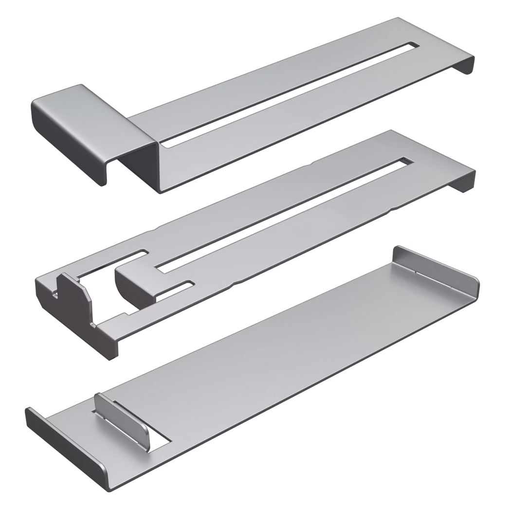 codex_Dummy_BL Clip_composing_2023-06 A set of three metallic components, designed with precision. The top piece features an L-shaped bracket on one end, while the other two are flat strips with various cutouts and slots that indicate their functionality. The materials appear to be durable, likely stainless steel or a similar metal, showcasing a smooth, polished finish. These components could serve as part of an assembly or mechanical system, providing structural support or attachment points.