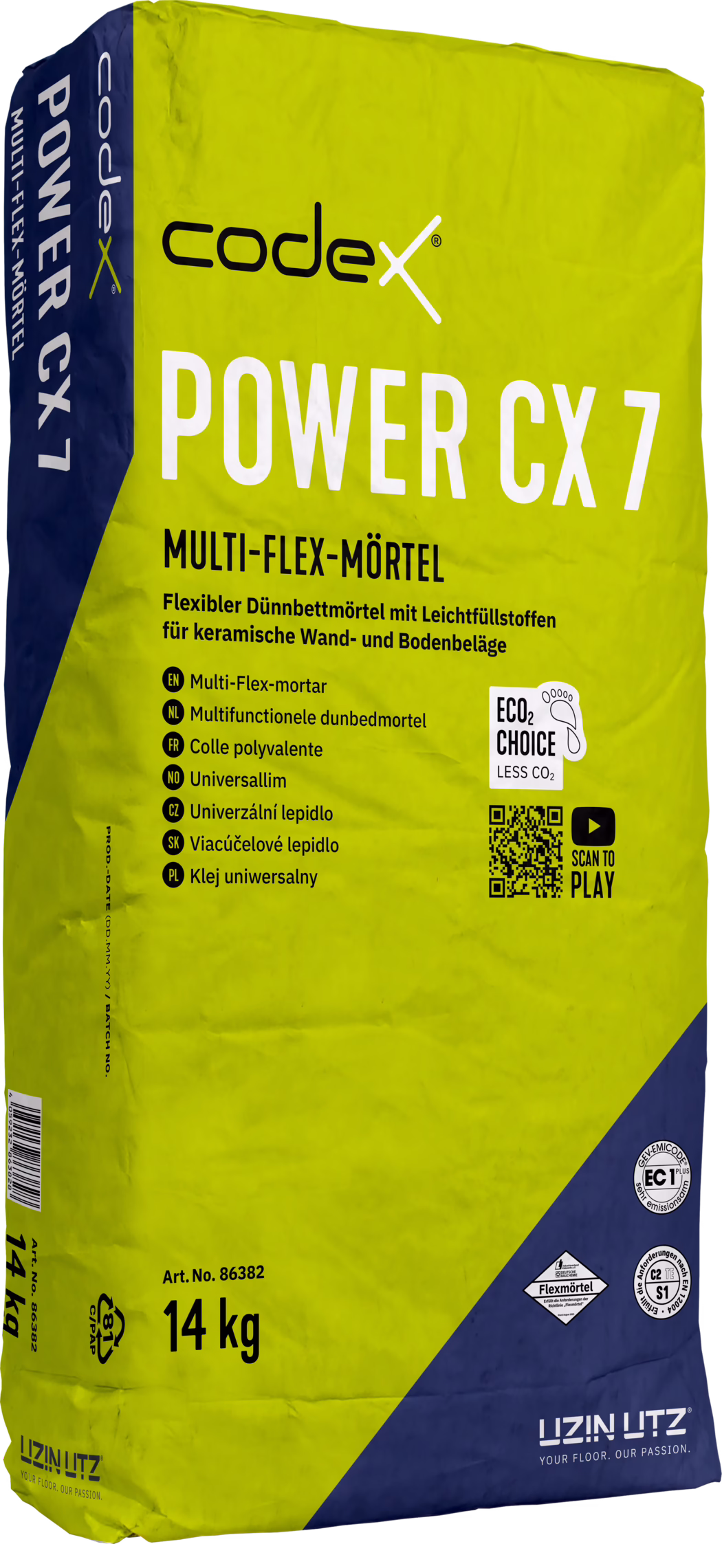 codex_Dummy_Power CX 7_right_2023-01 Yellow-green and dark blue bag of 'codex POWER CX 7' multi-flex mortar showing the brand 'codex', large 'POWER CX 7' text, a German product description about flexible thin-bed mortar for ceramic wall and floor coverings, a multilingual bullet list, ECO2 Choice logo, QR code, weight '14 kg' and certification symbols.
