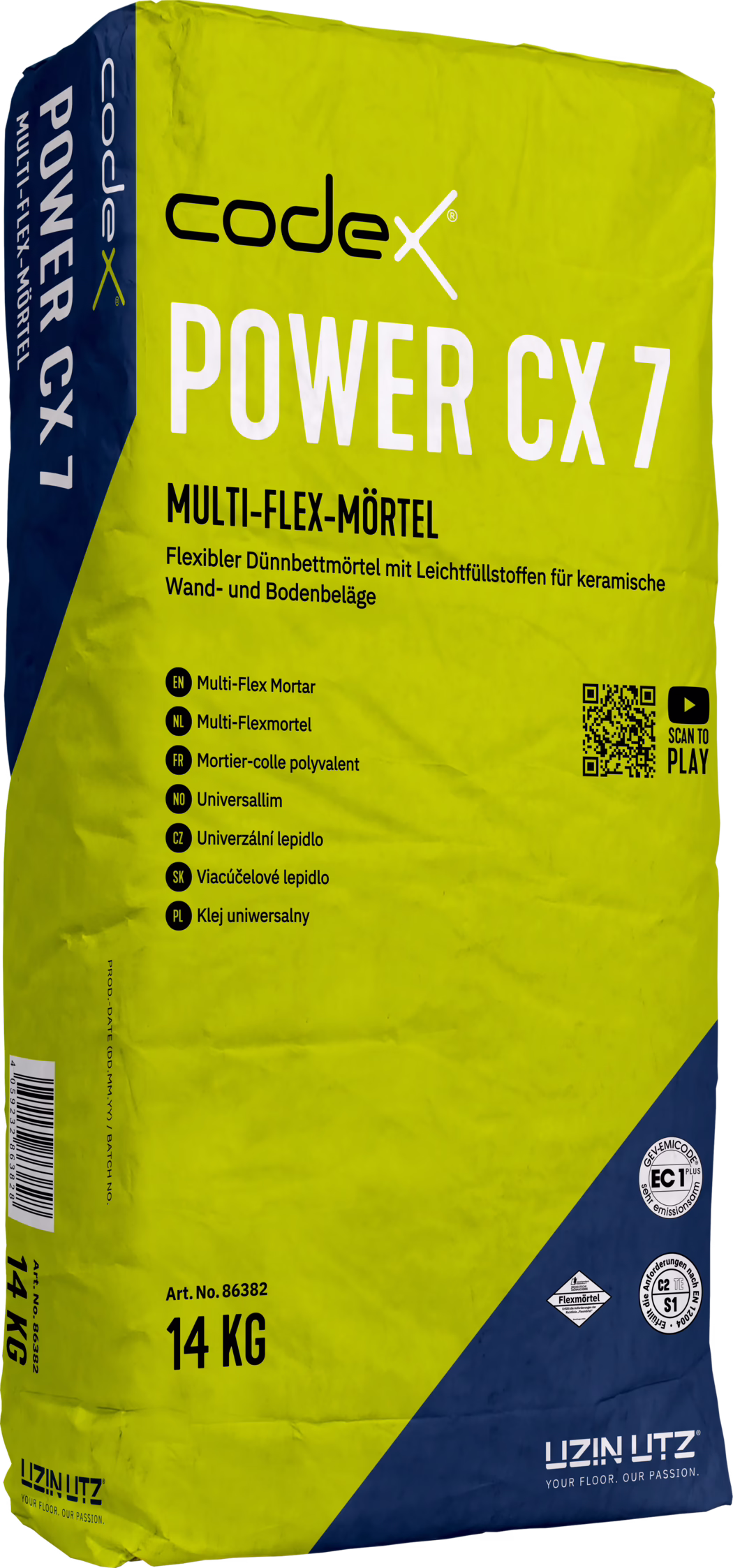 codex_Dummy_Power CX 7_right_2023-01 Yellow-green and dark blue bag of 'codex POWER CX 7' multi-flex mortar showing the brand 'codex', large 'POWER CX 7' text, a German product description about flexible thin-bed mortar for ceramic wall and floor coverings, a multilingual bullet list, ECO2 Choice logo, QR code, weight '14 kg' and certification symbols.