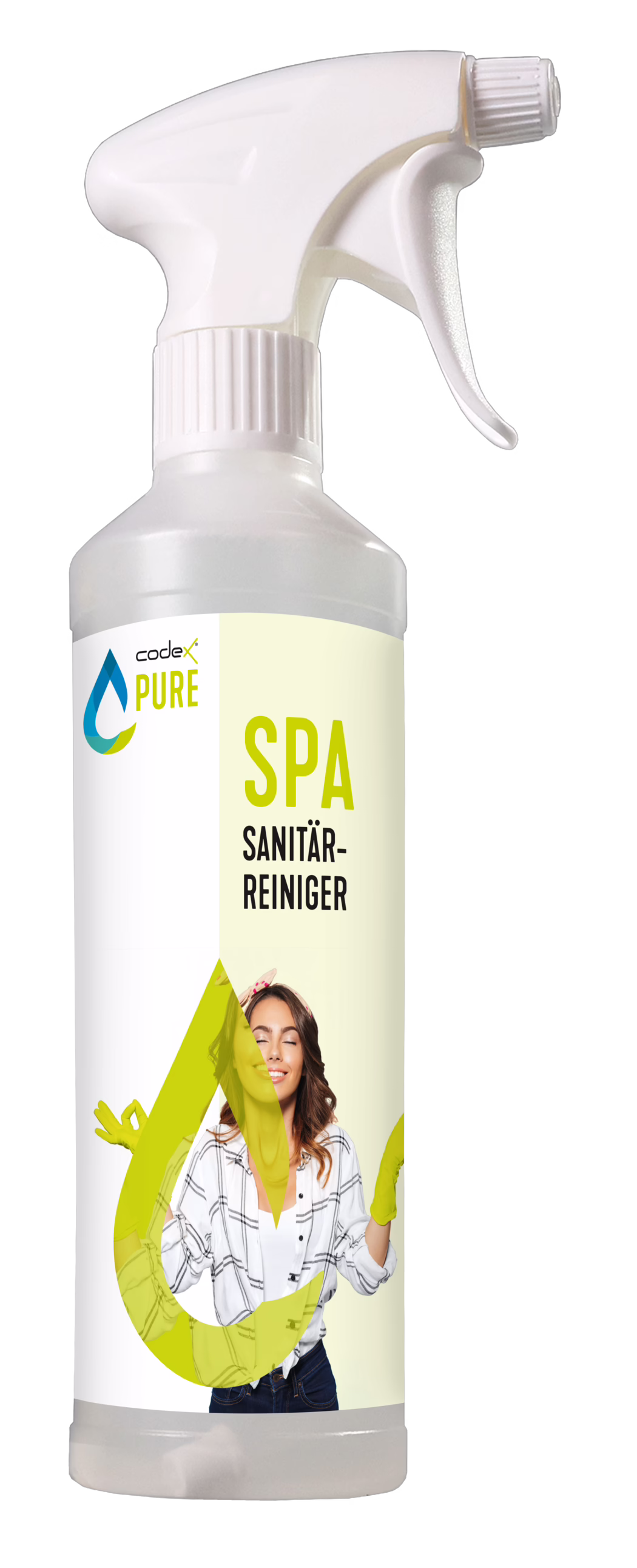 codex_Dummy_Pure Spa_0.5L_2021-06 White plastic spray bottle of a bathroom/sanitary cleaner labeled 'SPA Sanitär-Reiniger' on a pale yellow label with the 'codex PURE' droplet logo. The bottle has a white trigger spray head and a translucent body; the label shows a stylized photo of a smiling woman wearing yellow rubber gloves and a checked shirt. Clean, modern packaging design intended for cleaning bathroom surfaces.