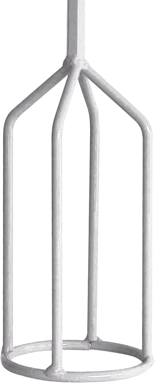 A glossy white metal mixing paddle attachment photographed against a plain white background. The tool has a straight central shaft that splits into four evenly spaced vertical rods which curve outward slightly and join a circular ring at the base, forming an open cage-like structure. The smooth enamel coating gives a durable, easy-to-clean finish. This paddle is designed as a beater or stirring attachment for hand or electric mixers and drills, suitable for agitating, folding and blending batters, doughs, paints, adhesives or other viscous materials.